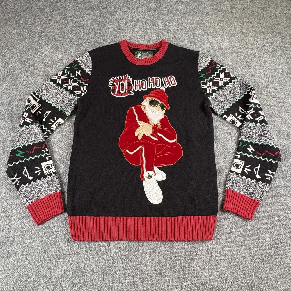 Ugly Christmas Sweater Men's S Hip Hop Santa Yo Ho Ho Ho Black Red Holiday Tacky